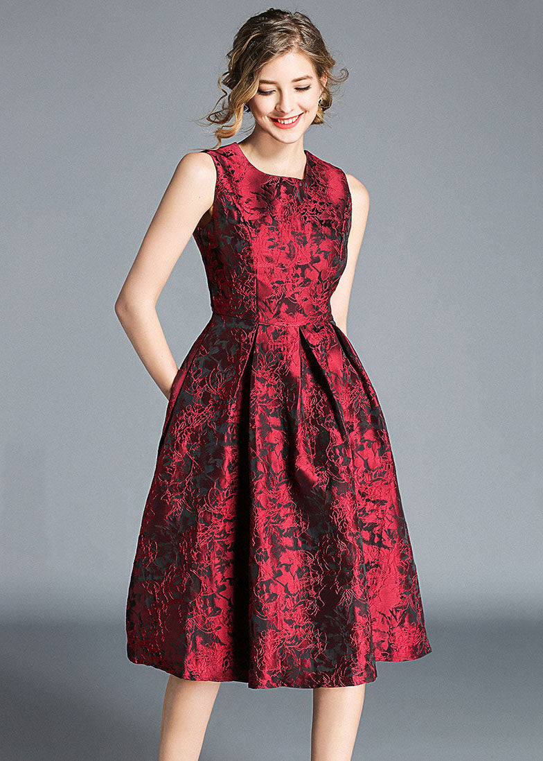 Boutique Red Jacquard Wrinkled Patchwork Silk Party Dress Sleeveless LY7373 - fabuloryshop