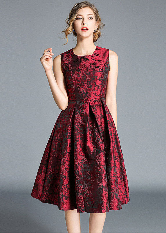 Boutique Red Jacquard Wrinkled Patchwork Silk Party Dress Sleeveless LY7373 - fabuloryshop