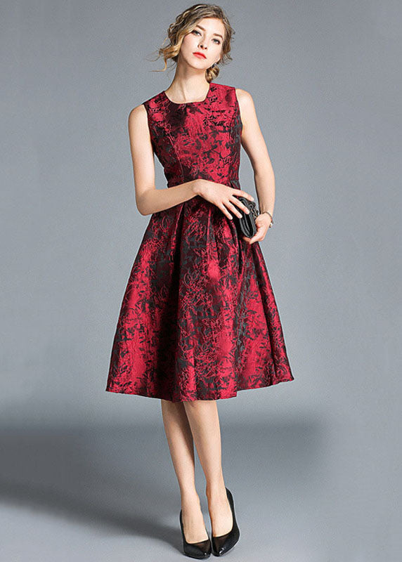 Boutique Red Jacquard Wrinkled Patchwork Silk Party Dress Sleeveless LY7373 - fabuloryshop