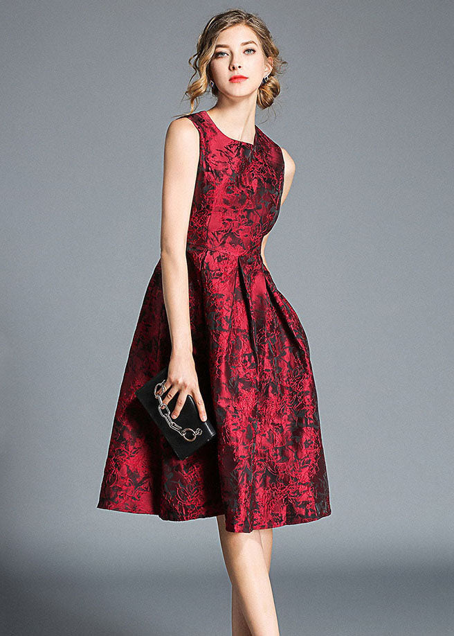 Boutique Red Jacquard Wrinkled Patchwork Silk Party Dress Sleeveless LY7373 - fabuloryshop
