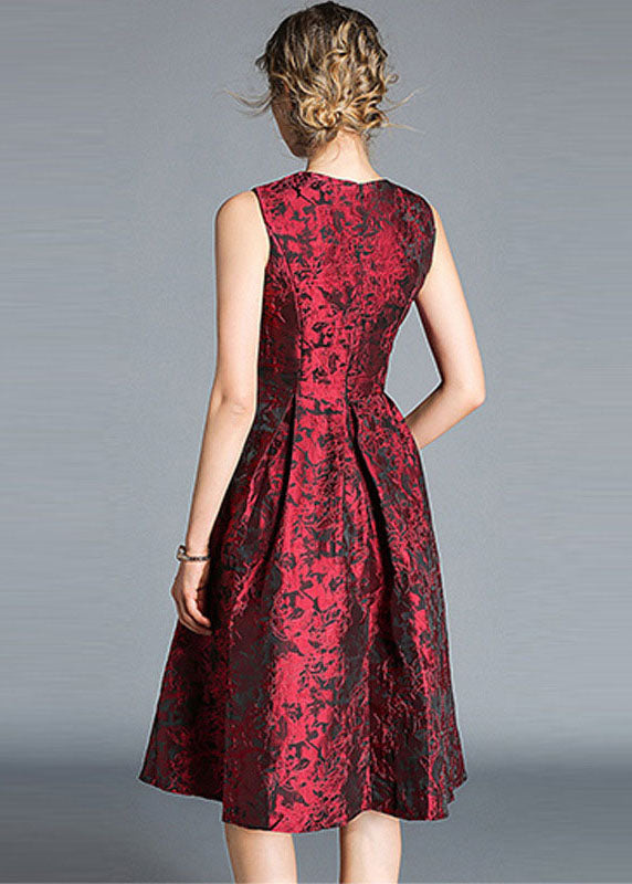 Boutique Red Jacquard Wrinkled Patchwork Silk Party Dress Sleeveless LY7373 - fabuloryshop
