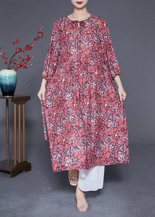 Boutique Red Print Exra Large Hem Silk Long Dress Summer LY2863 - fabuloryshop