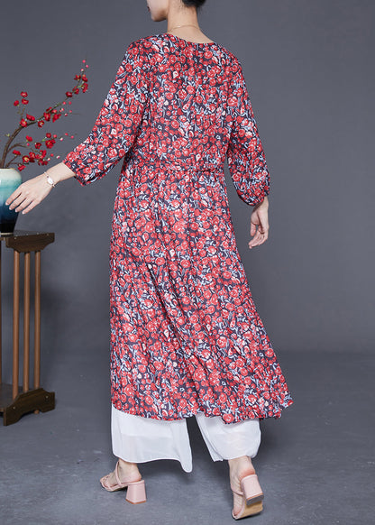 Boutique Red Print Exra Large Hem Silk Long Dress Summer LY2863 - fabuloryshop