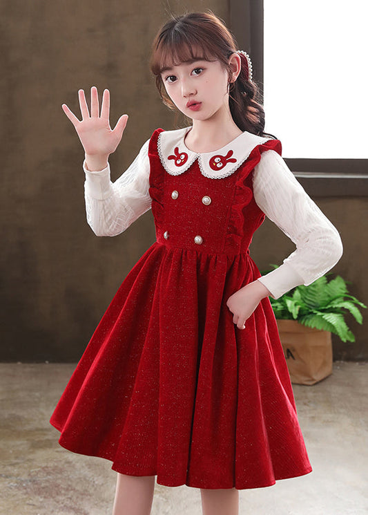 Boutique Red Ruffled Patchwork Warm Fleece Baby Girls Dresses Fall Ada Fashion
