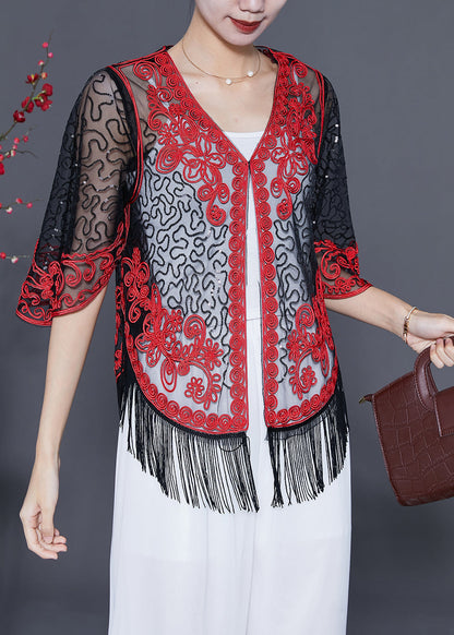 Boutique Red Sequins Tassel Tulle Cardigan Summer LY5597 - fabuloryshop