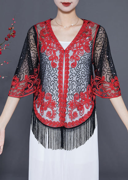 Boutique Red Sequins Tassel Tulle Cardigan Summer LY5597 - fabuloryshop