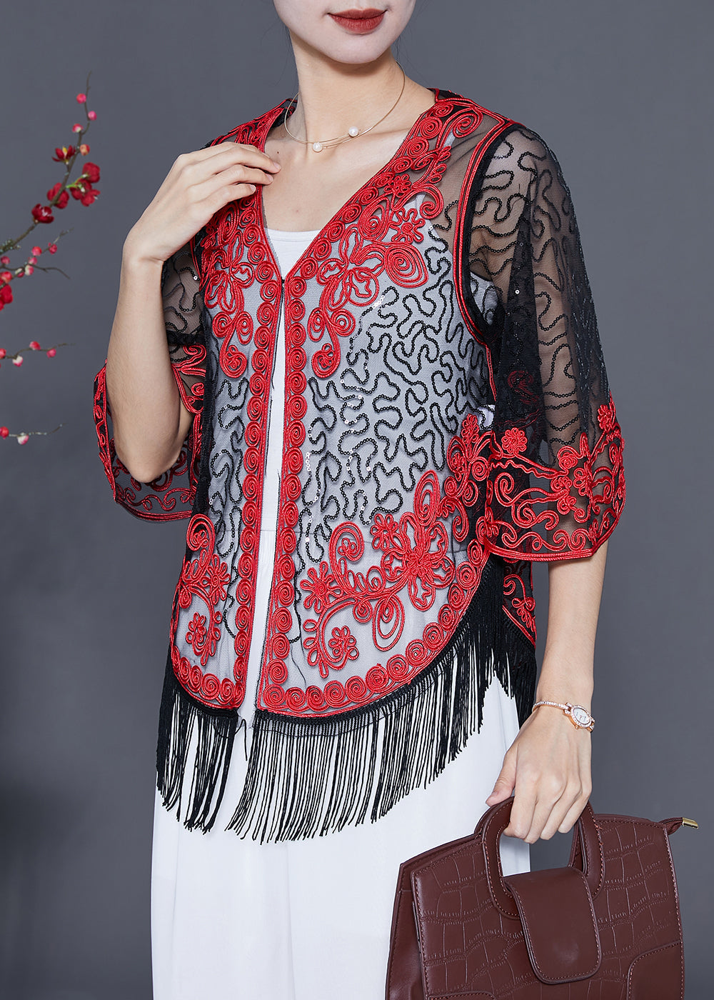 Boutique Red Sequins Tassel Tulle Cardigan Summer LY5597 - fabuloryshop