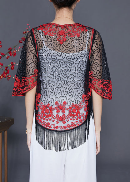 Boutique Red Sequins Tassel Tulle Cardigan Summer LY5597 - fabuloryshop