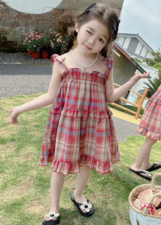 Boutique Red Square Collar Plaid Patchwork Kids Mid Dress Summer Ada Fashion