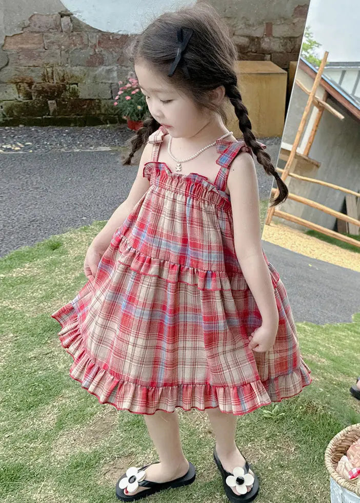 Boutique Red Square Collar Plaid Patchwork Kids Mid Dress Summer Ada Fashion