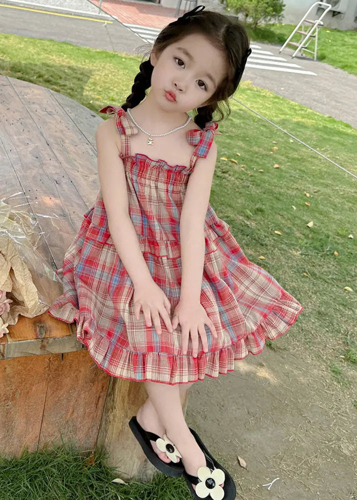 Boutique Red Square Collar Plaid Patchwork Kids Mid Dress Summer Ada Fashion