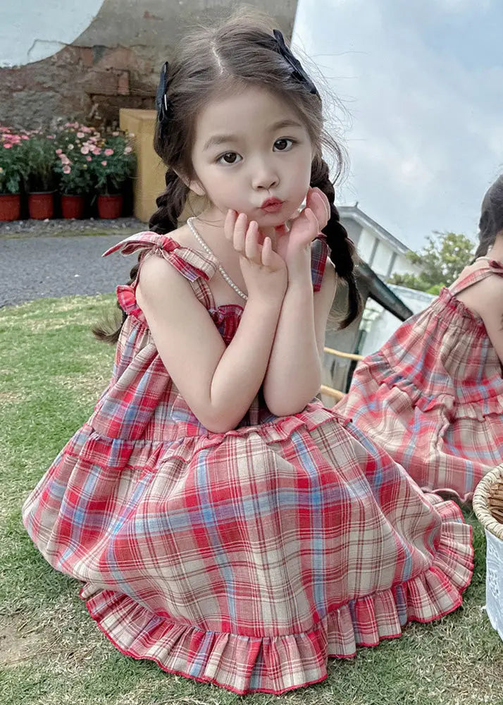 Boutique Red Square Collar Plaid Patchwork Kids Mid Dress Summer Ada Fashion