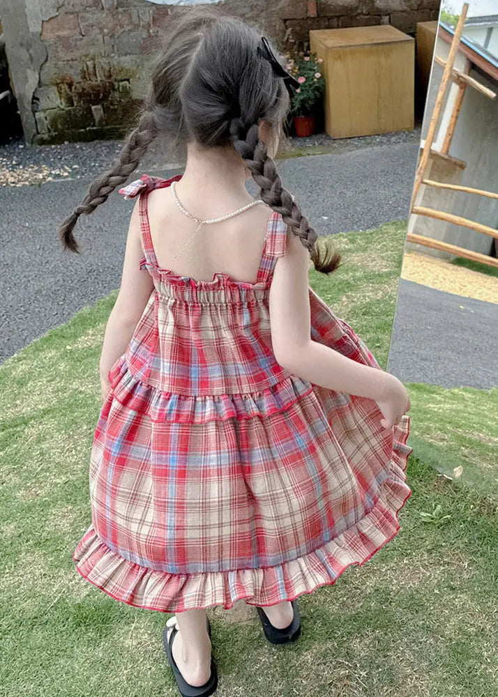 Boutique Red Square Collar Plaid Patchwork Kids Mid Dress Summer Ada Fashion