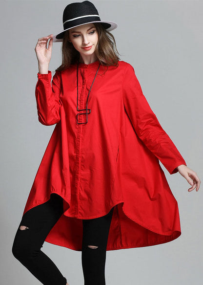 Boutique Red Stand Collar Asymmetrical Cotton Shirt Top Spring LY0003 - fabuloryshop