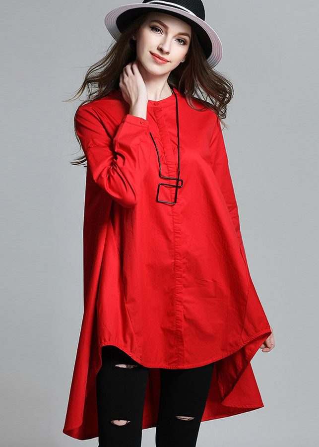 Boutique Red Stand Collar Asymmetrical Cotton Shirt Top Spring LY0003 - fabuloryshop