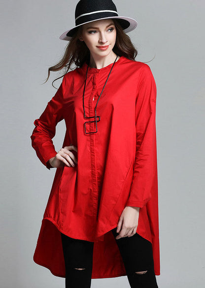 Boutique Red Stand Collar Asymmetrical Cotton Shirt Top Spring LY0003 - fabuloryshop