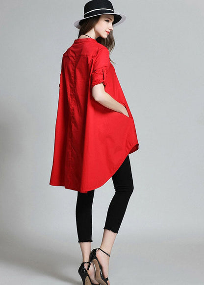 Boutique Red Stand Collar Asymmetrical Cotton Shirt Top Spring LY0003 - fabuloryshop