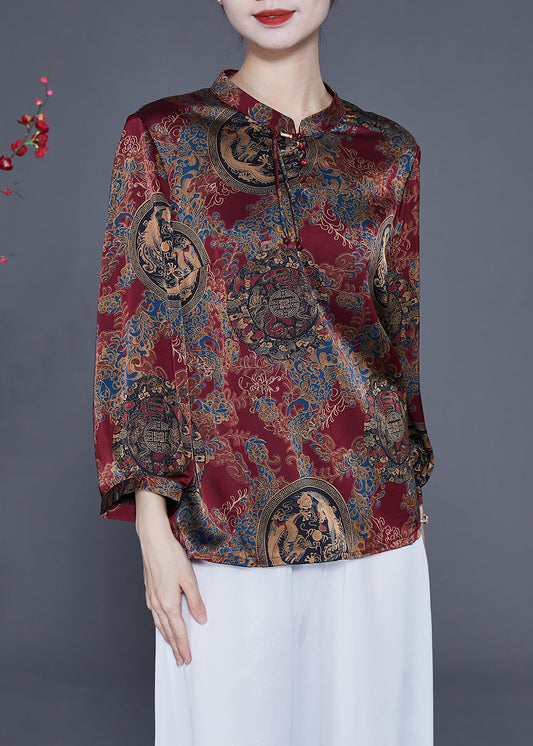 Boutique Red Stand Collar Print Silk Blouse Tops Spring LY2359 - fabuloryshop