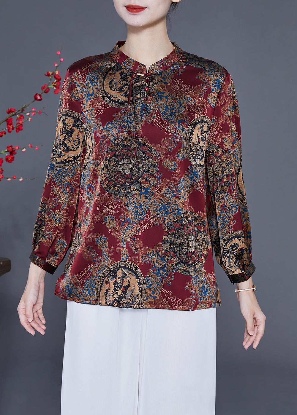 Boutique Red Stand Collar Print Silk Blouse Tops Spring LY2359 - fabuloryshop