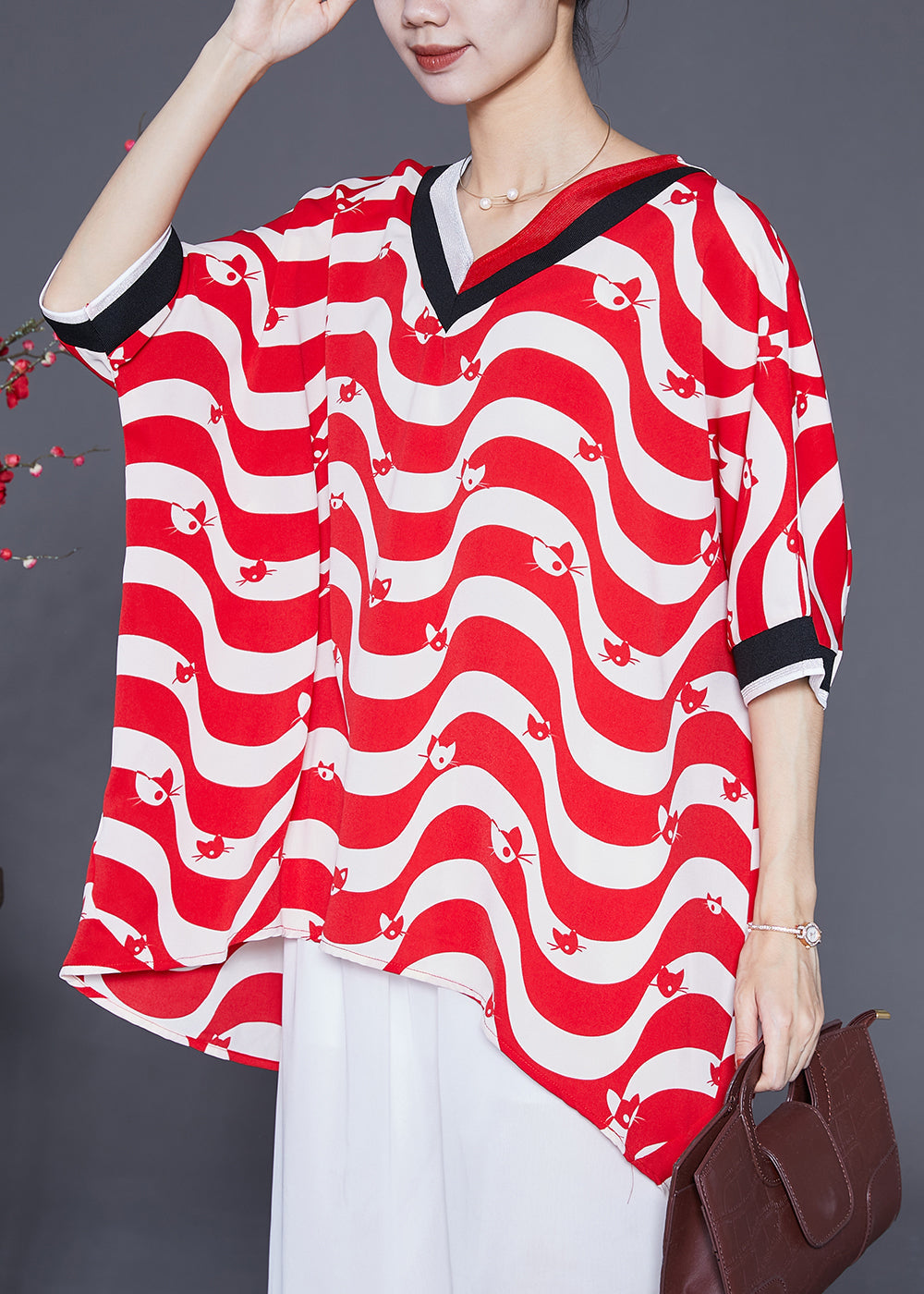 Boutique Red V Neck Oversized Striped Chiffon Tank Summer Ada Fashion