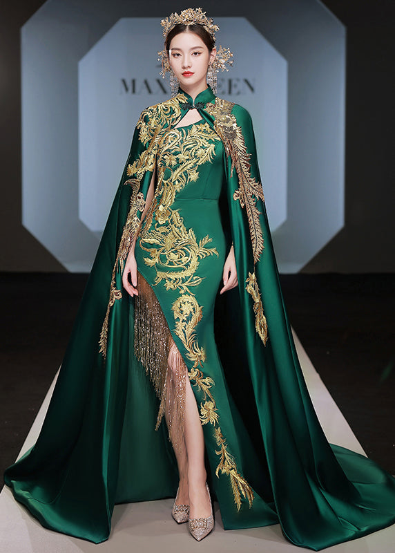 Boutique Retro Green Embroidered Tassel Cape And Dress Set Ada Fashion