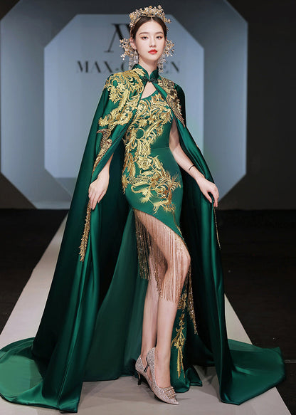 Boutique Retro Green Embroidered Tassel Cape And Dress Set Ada Fashion