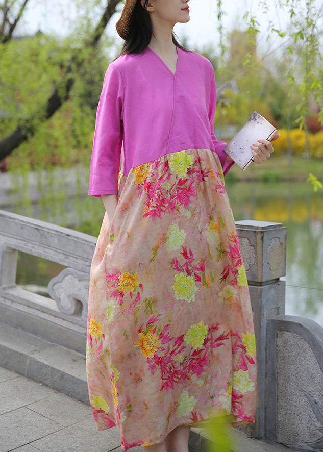 Boutique Rose Print Pockets Patchwork Cotton Long Dresses Summer Ada Fashion