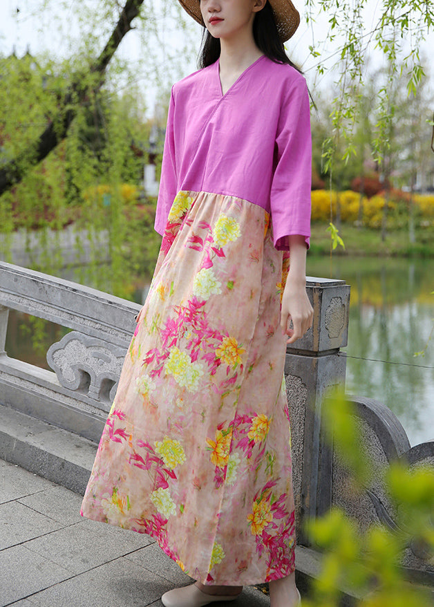 Boutique Rose Print Pockets Patchwork Cotton Long Dresses Summer Ada Fashion