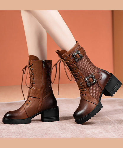 Boutique Splicing Chunky Boots Coffee Hollow Out Cowhide Leather Ada Fashion