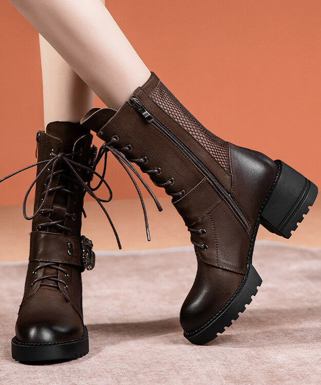 Boutique Splicing Chunky Boots Coffee Hollow Out Cowhide Leather Ada Fashion