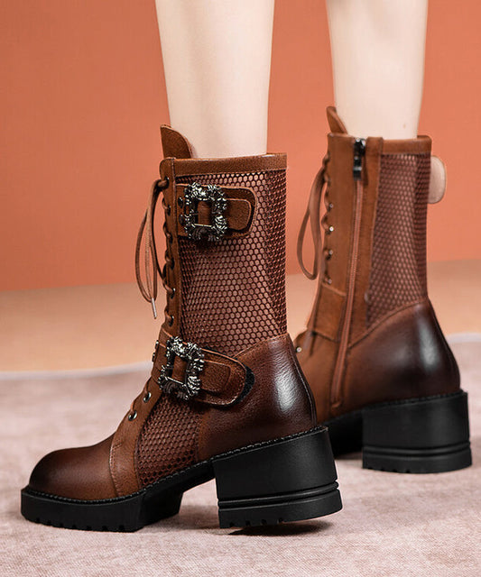 Boutique Splicing Chunky Boots Coffee Hollow Out Cowhide Leather Ada Fashion