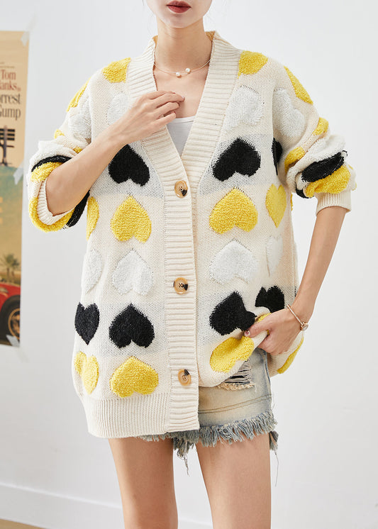Boutique White Love Jacquard Button Down Knit Cardigan Fall Ada Fashion