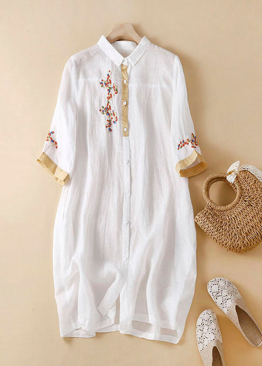 Boutique White Peter Pan Collar Embroideried Patchwork Linen Shirts Dresses Summer Ada Fashion