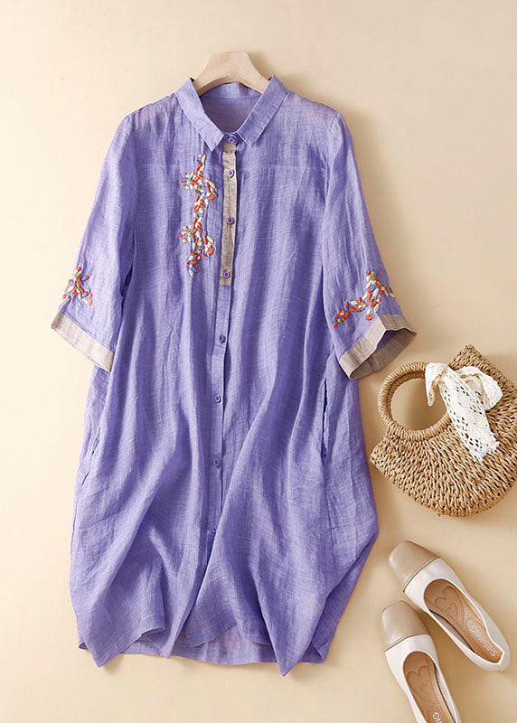 Boutique White Peter Pan Collar Embroideried Patchwork Linen Shirts Dresses Summer Ada Fashion