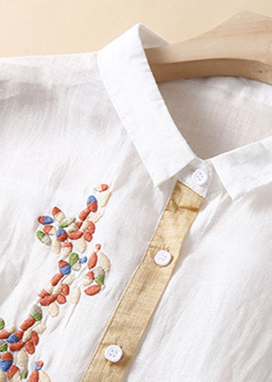 Boutique White Peter Pan Collar Embroideried Patchwork Linen Shirts Dresses Summer Ada Fashion