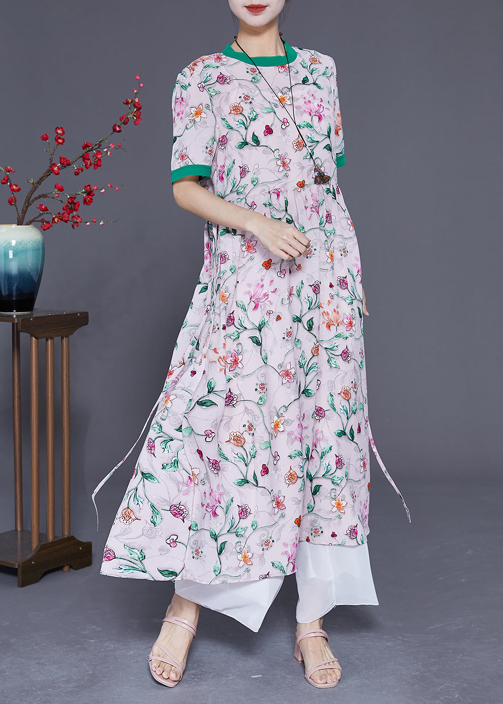 Boutique White Print Patchwork Tie Waist Silk Maxi Dresses Summer LY3696 - fabuloryshop