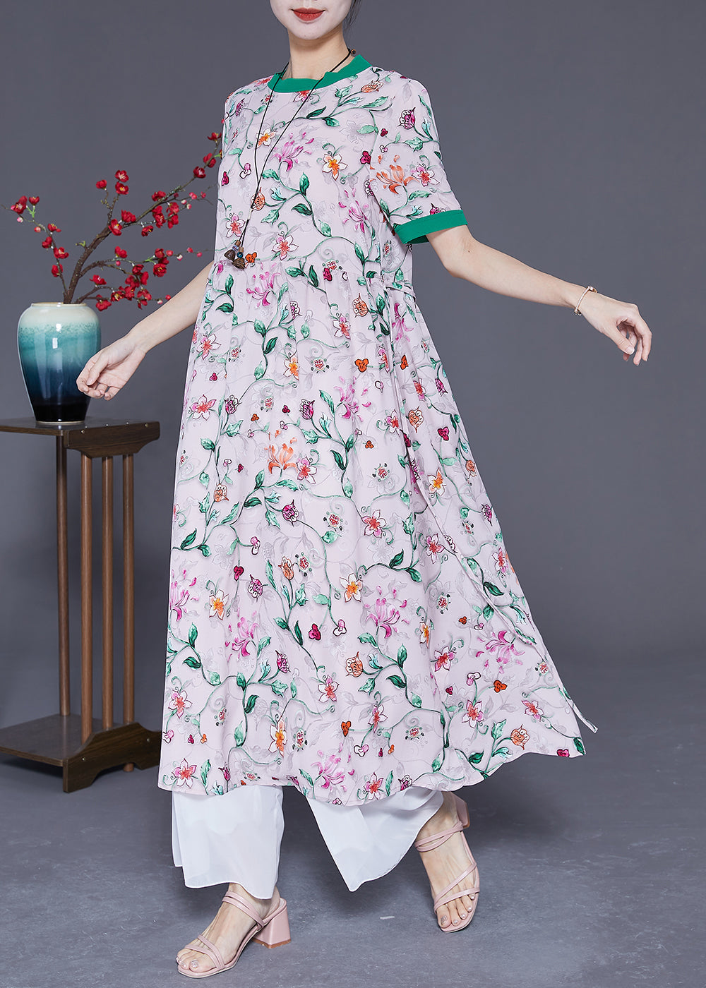 Boutique White Print Patchwork Tie Waist Silk Maxi Dresses Summer LY3696 - fabuloryshop