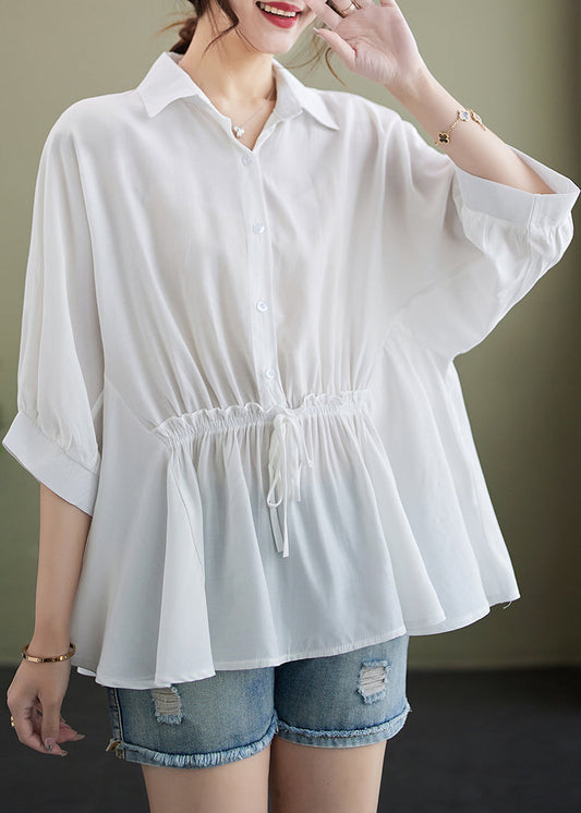 Boutique White Ruffled Cinched Cotton Blouse Top Summer LY4955 - fabuloryshop