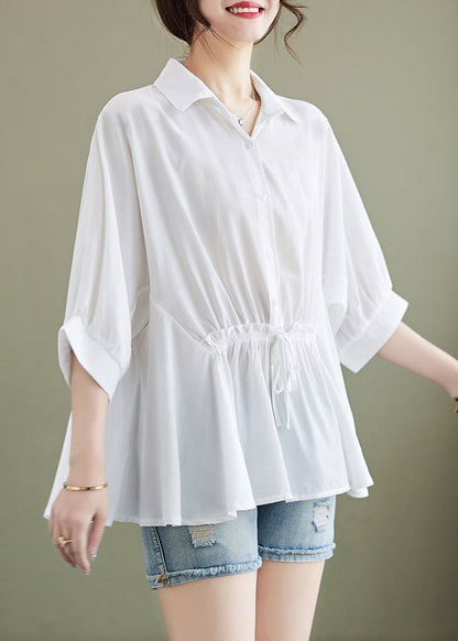 Boutique White Ruffled Cinched Cotton Blouse Top Summer LY4955 - fabuloryshop