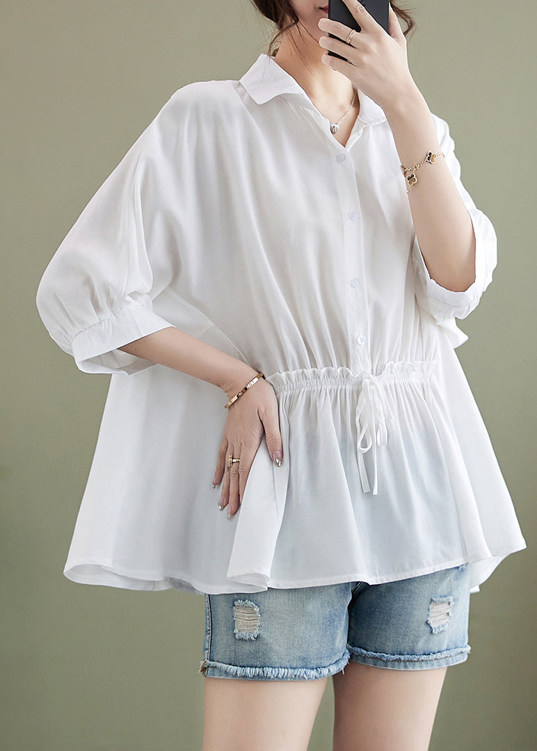 Boutique White Ruffled Cinched Cotton Blouse Top Summer LY4955 - fabuloryshop