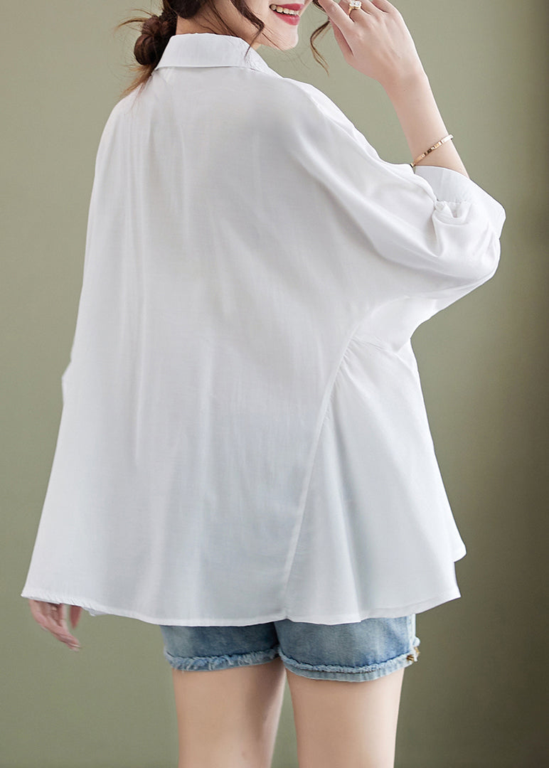 Boutique White Ruffled Cinched Cotton Blouse Top Summer LY4955 - fabuloryshop