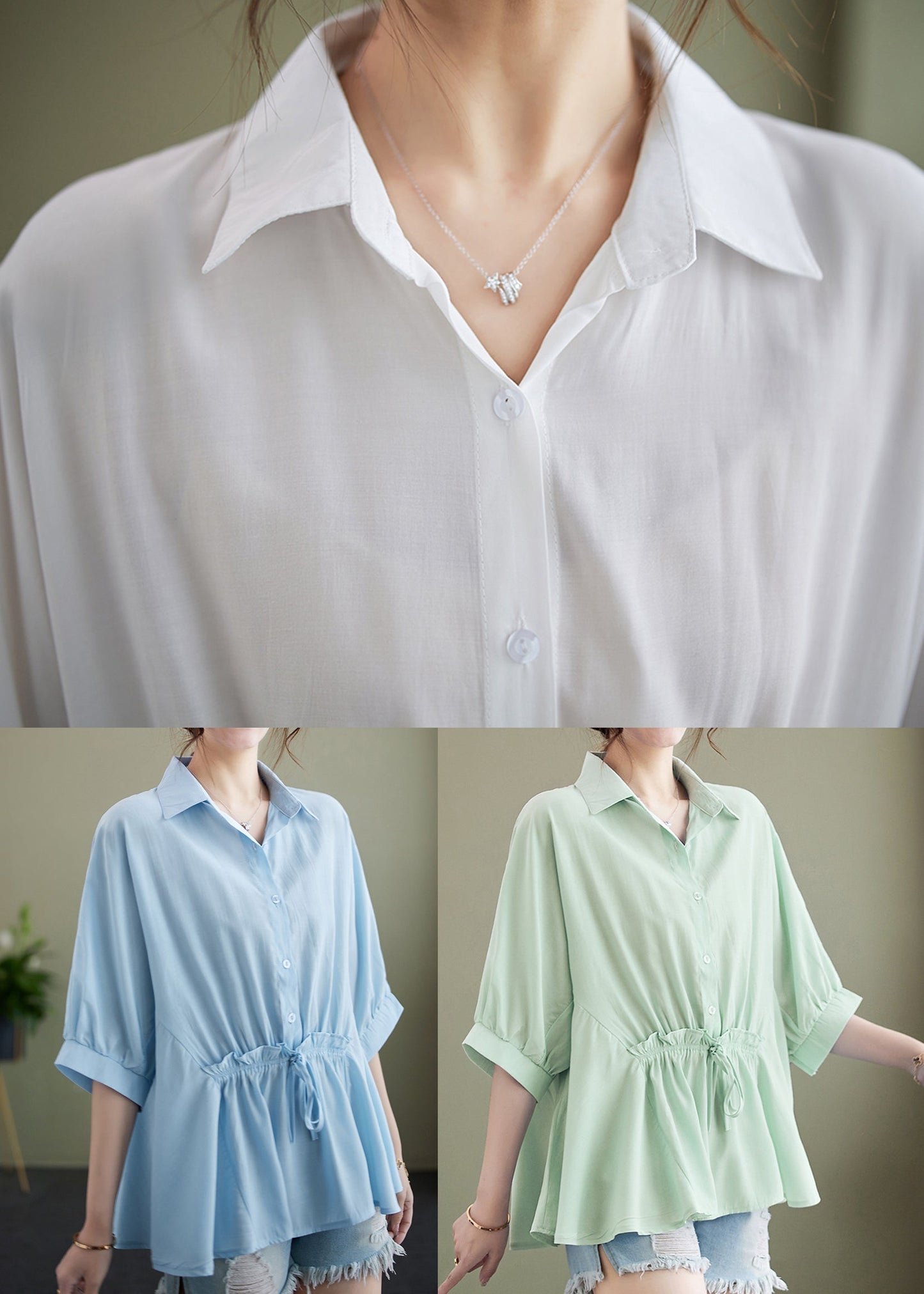 Boutique White Ruffled Cinched Cotton Blouse Top Summer LY4955 - fabuloryshop