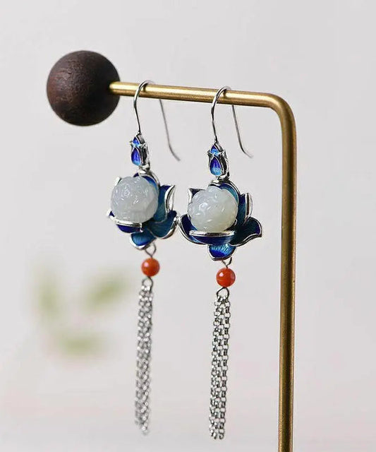 Boutique White Sterling Silver Inlaid Agate Cloisonne Lotus Drop Earrings Ada Fashion