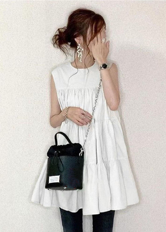 Boutique White Wrinkled Patchwork Cotton Mini Dresses Sleeveless LY2072 - fabuloryshop