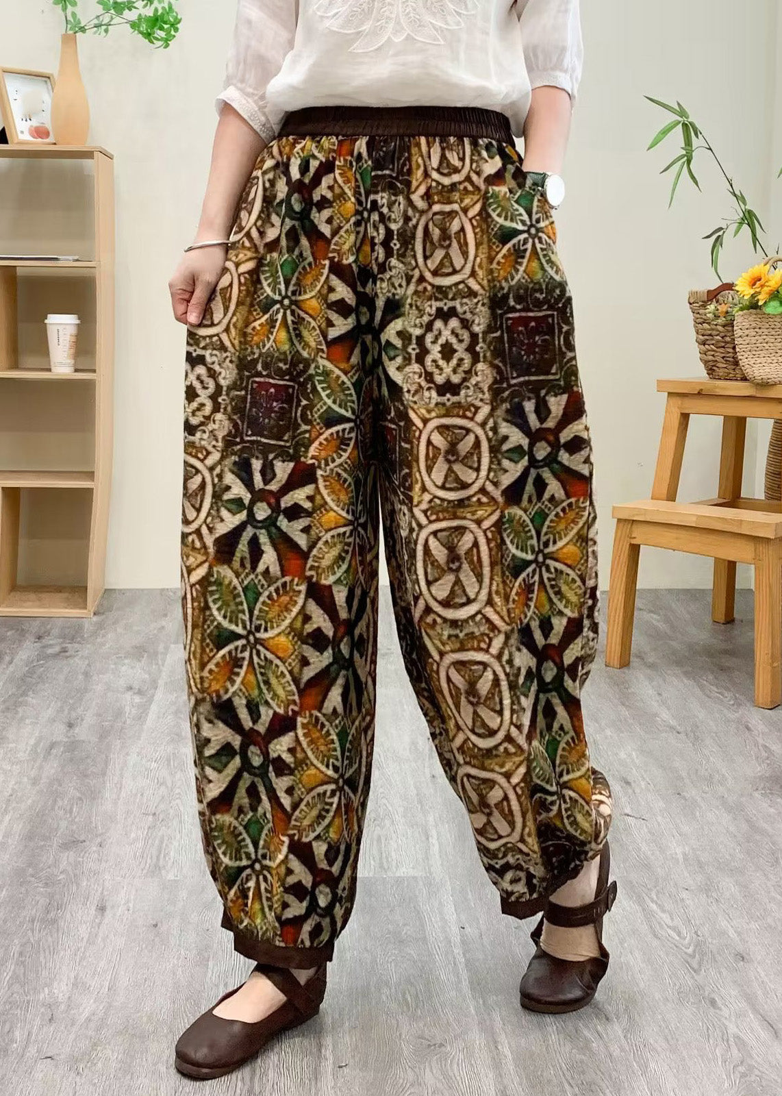 Boutique Yellow Elastic Waist Silk Linen Crop Harem Pants TQ1029 - fabuloryshop