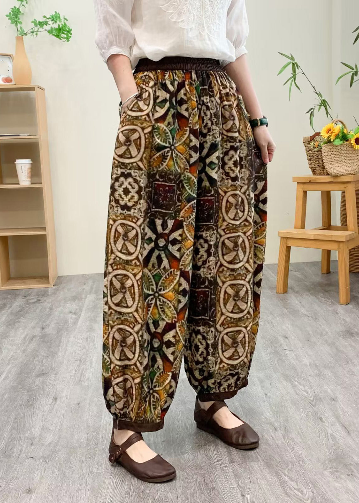 Boutique Yellow Elastic Waist Silk Linen Crop Harem Pants Ada Fashion