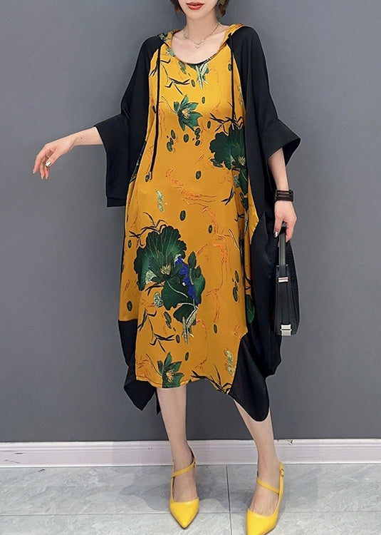 Boutique Yellow Neck Tie Print Party Hooded Long Dress SummerLY4349 - fabuloryshop