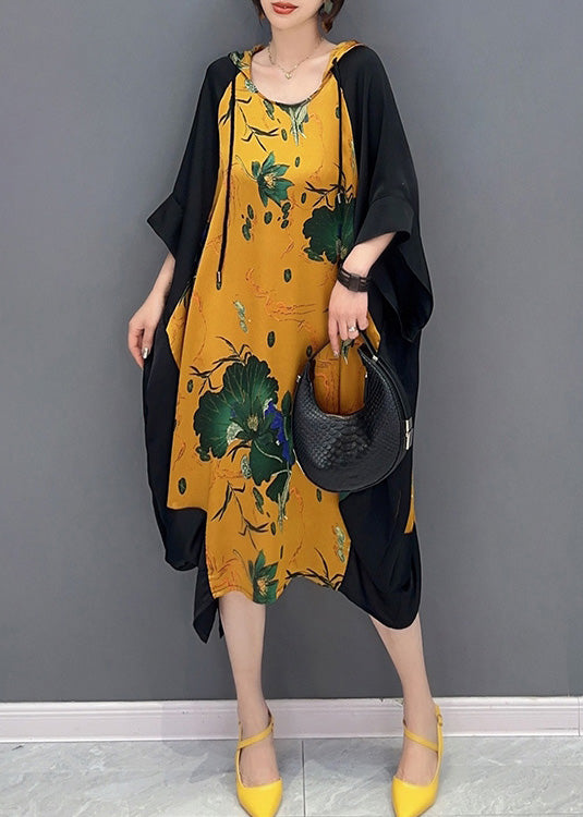 Boutique Yellow Neck Tie Print Party Hooded Long Dress SummerLY4349 - fabuloryshop