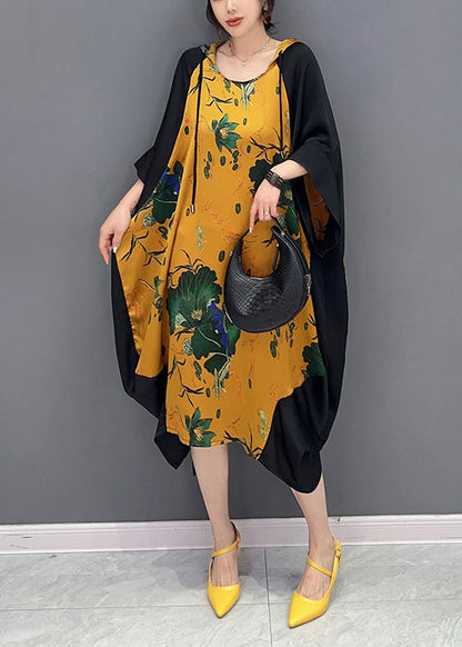 Boutique Yellow Neck Tie Print Party Hooded Long Dress SummerLY4349 - fabuloryshop