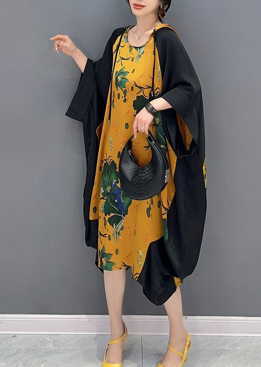 Boutique Yellow Neck Tie Print Party Hooded Long Dress SummerLY4349 - fabuloryshop